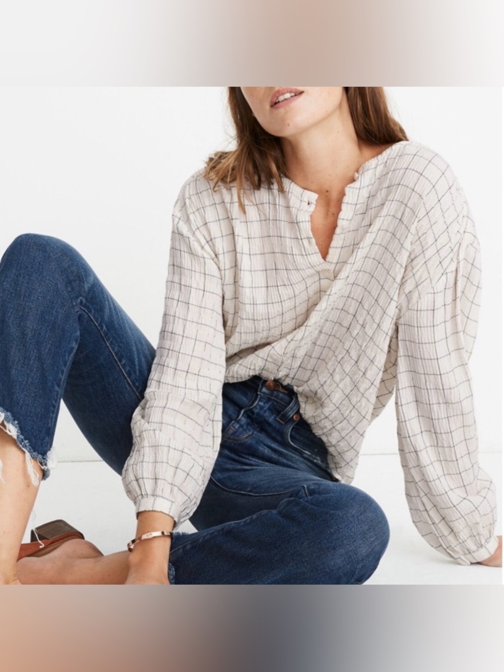 Madewell Textured Button-Front Blouse – White with Subtle Grid Pattern